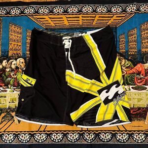 Billabong Andy Irons Rising Sun Board Short Black Yellow Surfwear Y2k sz 38 surf